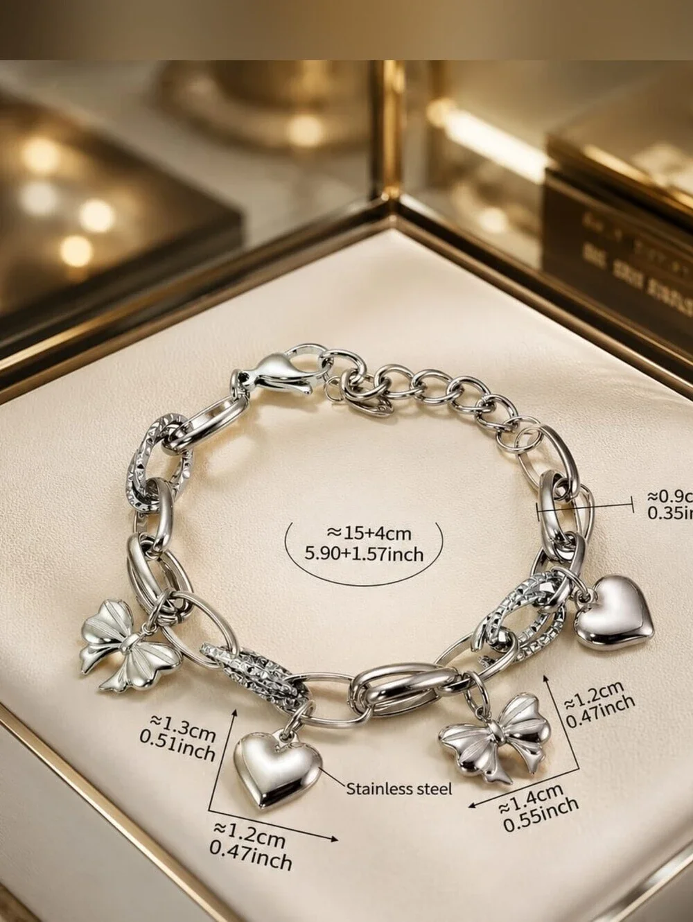 Silver Heart & Bow Charm Bracelet